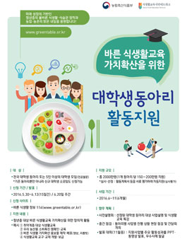 청년층 대상 바른 식생활교육 가치확산을 위한 대학생 동아리 활동지원.