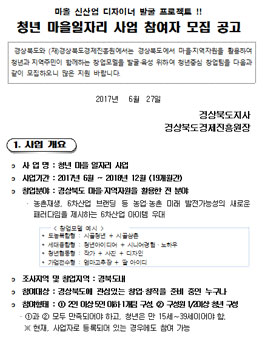 청년 마을일자리 사업 참여자 모집.