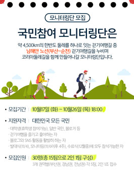 한국관광공사 2017 코리아둘레길 국민참여 모니터링단 모집.