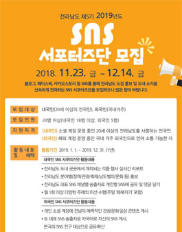 전라남도 2019년 도 대표 SNS 서포터즈단 5기 모집.