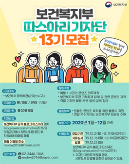 보건복지부 2020년 따스아리 정책 기자단 13기 모집.