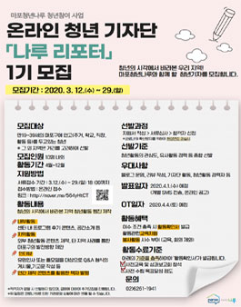 2020년 마포청년나루 온라인 청년기자단 나루리포터 모집.