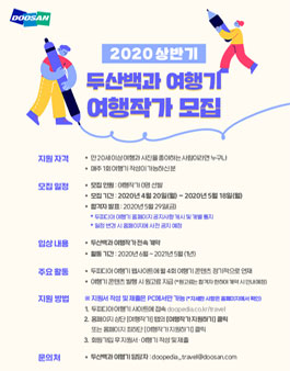 2020 두산백과 여행기 여행작가 모집.