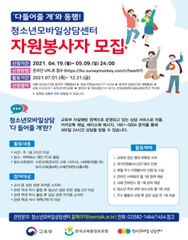 2021년 청소년 대상 문자상담을 위한 자원봉사자 모집.
