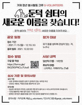 거제 봉사활동 크루 G-Volunteers '﻿거제 유기 동물 보호소 둔덕 쉼터 네이밍 공모전​'.