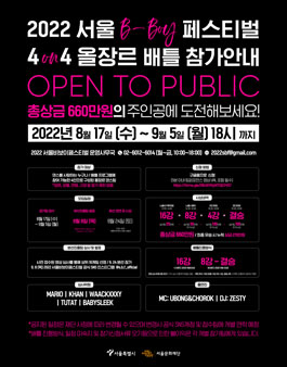2022 서울비보이페스티벌 4on4 올장르 댄스 배틀 참가팀 모집.
