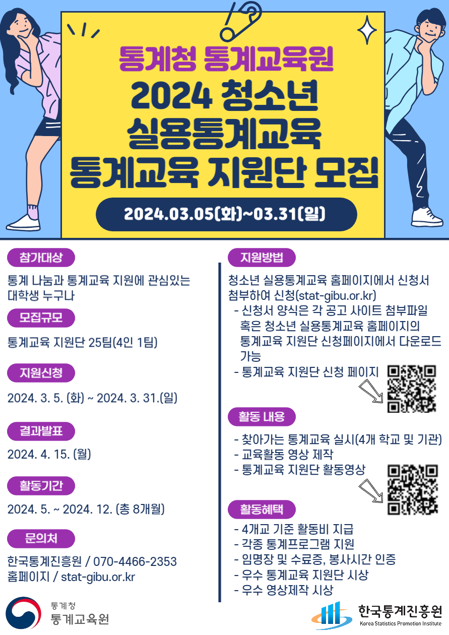 [통계청 통계교육원] 2024년 청소년 실용 통계교육 지원단 모집 | 공모전 대외활동 - 위비티 [통계청 통계교육원] 2024년 청소년 실용 통계교육... 
